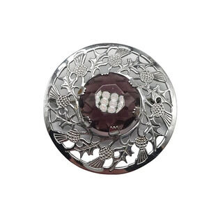 Mizpah Purple Glass Rhodium Thistle Filigree Brooch Pin Silver Tone Vintage